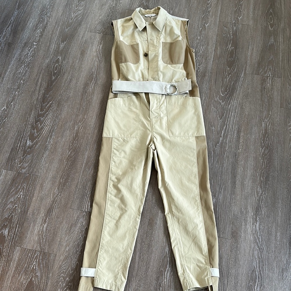Frame Denim Two-Tone Beige & Khaki Sleeveless Utility Jumpsuit with Belt
